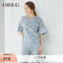 OBEG eBiqian spring summer womens dress lace embroidered hollowed-out shirt stylish round neckline headblouse 1092034