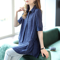 Baoshili medium-long shirt womens temperament short-sleeved shirt spring 2021 new retro loose casual top