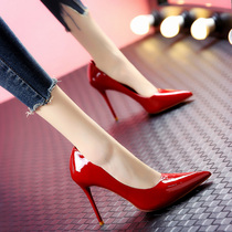 Simple 2021 autumn new patent leather red sexy wedding shoes metal thin heel shoes women