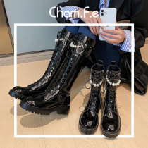 Thick-soled heeled boots Pearl chain high-tube Martin boots strap winter leather patent leather middle-heel boots women 101C