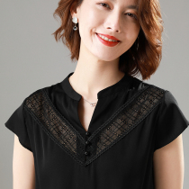 2020 new spring and summer silk shirt Womens V-neck shirt pullover short sleeve lace hollow mulberry silk shirt