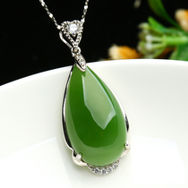 Hetian jade pendant womens natural spinach green Jasper water drop pendant inlaid 925 silver pendant with certificate