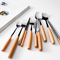 Wooden handle knife and fork spoon chopsticks set metal whisk creative steak knife and fork spoon main knife Western food tableware fork