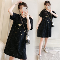 Pregnant womens tide off-shoulder short-sleeved T-shirt female machine Joker 2021 Summer Maternity Dress Summer Plus Size Late Pregnancy