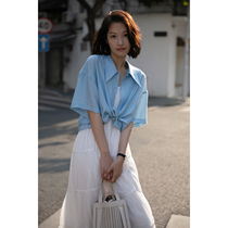 Rui time Ice Silk hemp feeling cool drop cut short loose shoulder sex little boy shirt shirt top female summer p