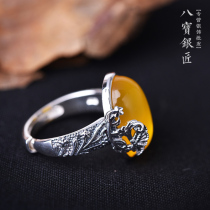 Babao Silversmith S925 sterling silver yellow chalcedony ring retro Thai silver jewelry Yellow Agate plum female ring to send mother