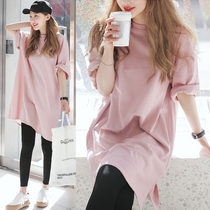 South Korea spring and summer new solid color loose T-shirt female size long cotton short sleeve T-shirt skirt split top female