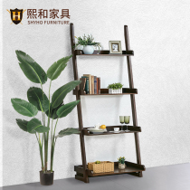 Xihe American all-solid wood shelf against the wall trapezoidal bookshelf creative display stand on the ground simple multi-layer wooden shelf