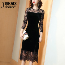 Small black dress slim Hepburn wind 2021 autumn and winter new long-sleeved lace sexy gold velvet long dress children