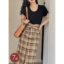 Nicepeople 2021 spring and summer new product bud profile temperament high waist new knot skirt Retro plaid skirt