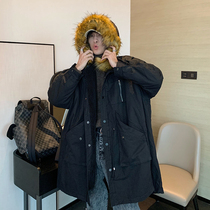 Winter hooded plus velvet fur collar coat mens long loose couples cotton clothes Tide brand ins overalls