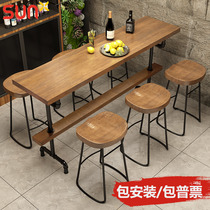 Industrial wind solid wood bar table and chair combination household balcony personalized bar long strip wall pipeline high foot table