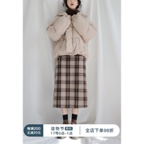Japanese milk tea coffee plaid straight skirt High waist split mid-length wool skirt