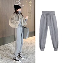 South Korea 2020 new grey Harun sports pants female spring autumn high waist display slim leather pants bunches small feet casual long pants