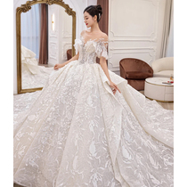  Main wedding dress 2021 new French bride small man simple atmosphere one-shoulder luxury big tail summer