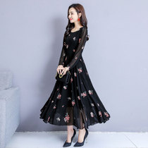 Temperament Chiffon floral dress womens long slim slim thin inner tie base long dress spring 2021 new