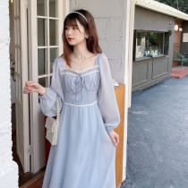Palace style French retro square collar lace women gentle wind waist thin literary temperament Platycodon skirt dress