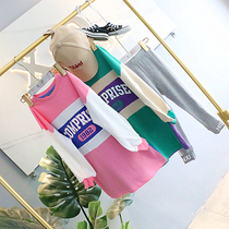 Brand childrens clothing 2019 spring clothes new girls Street tide style color letter long version of sweater skirt