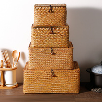 KENS straw woven storage box covered sundries storage basket woven finishing box ornaments box Non-Wicker