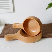Wooden handle bowl Fruit salad bowl Nordic wooden bowl Household creative personality cute bowl with handle bowl Anti-fall bowl