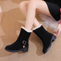 2020 winter New Northeast snow boots womens shoes short tube plus velvet non-slip coarse heel student cotton boots women