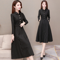 Striped Dress 2021 New Autumn Dress Womens Style Vintage POLO Collar Cashew Slim Mid-Length Black Tandem Dress