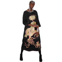  Cloud decoration totem original design womens robe ethnic style old embroidery plate Golden lion casual wild long-sleeved robe