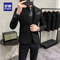 Lomon solid color suit men fashion British slim size casual gray suit three-piece suit groom married