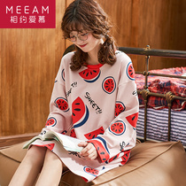  Long-sleeved pajamas womens spring and autumn cotton dress pregnant women over-the-knee night dress loose long section girl cute net red section