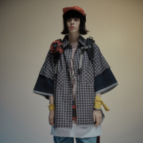 BECYNICAL deconstruction multi-color stitching loose men and women retro couple plaid short sleeve shirt tide card