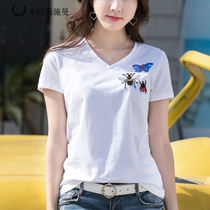 Mi Amarschman 2021 summer dress New V collar fashion slim base shirt handmade nail beads cartoon insect short sleeve t-shirt