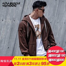 Muscle dog hooded jacket mens Tide brand autumn and winter solid color wild zip cardigan sweater loose sports casual jacket