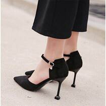 2019 spring new pointed toe black high-heeled shoes suede shallow stiletto mid-heel buckle womens single shoes hollow shoes