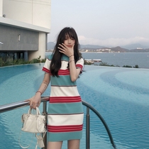 Hong Kong Tide 2021 new summer ice silk short sleeve knitted dress Super fairy hipster striped skirt