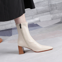 Square Head Small Short Boots Female Winter Plus Suede Rough Heel 2022 New Spring Autumn Single Boots Slim rice white High heel elastic boot