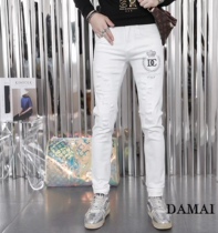 European station 2021 autumn and winter new white jeans men slim feet stretch wash hole patch fashion tide