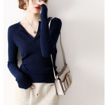 Boo Pala skinny V-neck stretch top 2021 Spring and Autumn new vertical strip imported wool sweater base shirt