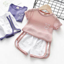 Childrens suit 2021 female baby Summer clothes new girl ice silk sports two sets of damp short sleeve blouse shorts