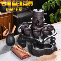 Retro black pottery stone grinding tea set Tea tray set ceramic household drainage type can also store water Simple dry brewing table tea tray