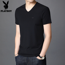 Playboy short-sleeved t-shirt summer casual solid color v-neck half-sleeved bottoming shirt mens Korean version of slim youth clothes