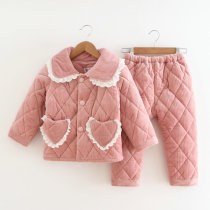 Winter childrens pajamas and girls suit three-layer thickened quilted flannel medium and big childrens coral fleece boys home clothes