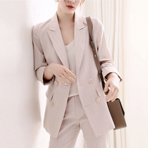 British vertical pattern cotton and linen double-breasted small loose medium and long suit jacket suit womens jacket casual versatile temperament