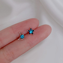 S925 Silver Star Moon Asymmetric Ear Nail Woman 2021 New Tide Irregular Earrings Girl Hearts and Ears Adorned Super Fairy