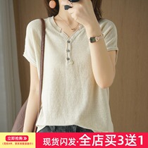 Summer new cotton linen V-neck knitted short-sleeved women cotton T-shirt top Korean loose thin base shirt thin