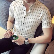 Summer shirt mens short-sleeved Korean version of the trend free ironing vertical stripes slim casual free ironing tide brand high-end mens shirts