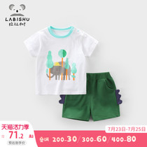 Rabi tree boys short-sleeved suit 2021 summer new childrens casual shorts two-piece set pure cotton full printed childrens clothing