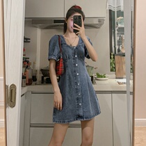  Denim dress womens summer new ins French temperament slim slim a-line skirt square collar puff sleeve short skirt