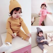 Baby autumn suit female 0-1-3 years old infant knitted split belly protection three-piece male baby clothes spring and autumn