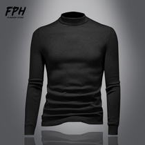 European Station Anti-cocks Collar Pure Color Half Sleeves Mens Sweater Fashion Trends Inside a long sleeve Knitted Sweatshirt For Men