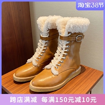 Snowy boots female fur integrated thickened waterproof non-slip high Help short boot Northeastern genuine leather face lacing with suede Martin boots